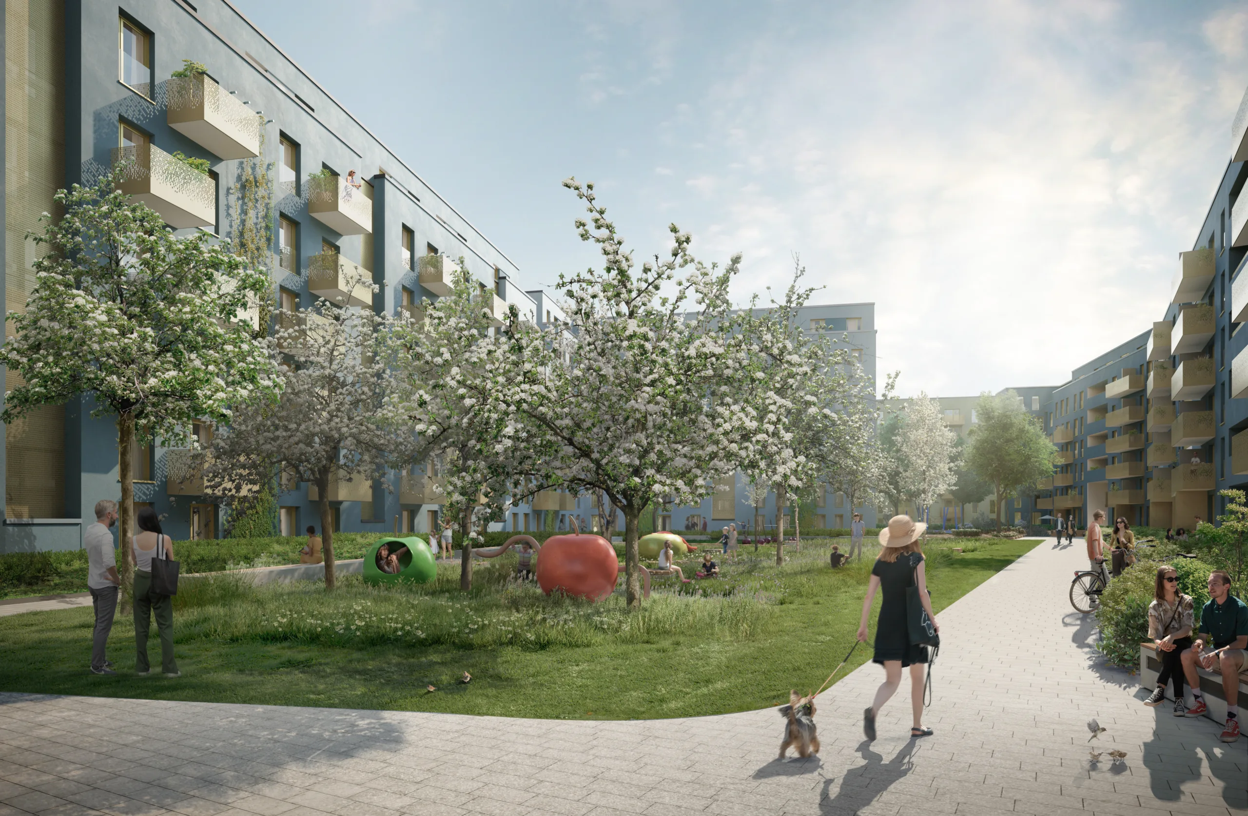 Visualisierung des grünen Innenhofs von „Die Welle Köln“ mit blühenden Bäumen, Spielbereich und Menschen, die spazieren, sitzen oder sich begegnen.