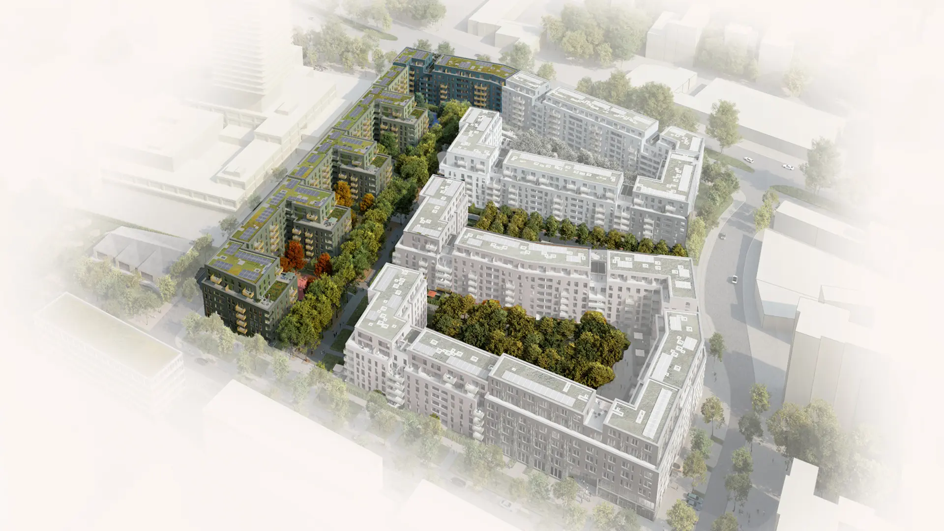 Luftbild-Visualisierung des Stadtquartiers „Die Welle Köln“ mit begrünten Dächern, modernen Wohnhäusern und zentralen Grünflächen in Köln-Marienburg.