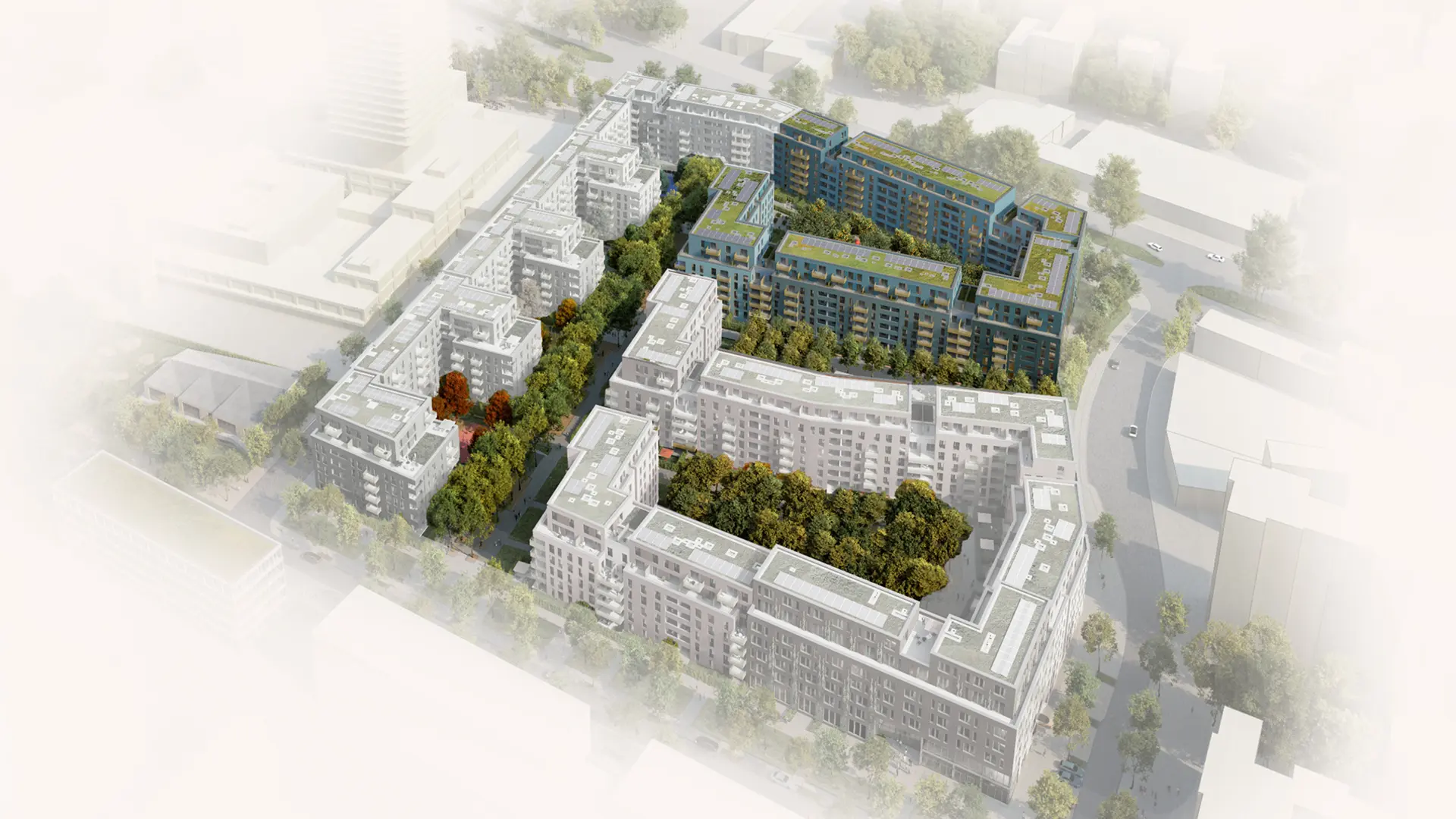 Luftbild-Visualisierung des Quartiers „Die Welle Köln“ mit fertiggestellten Gebäuden, begrünten Dächern und Innenhöfen – Beginn des Einzugs 2026.