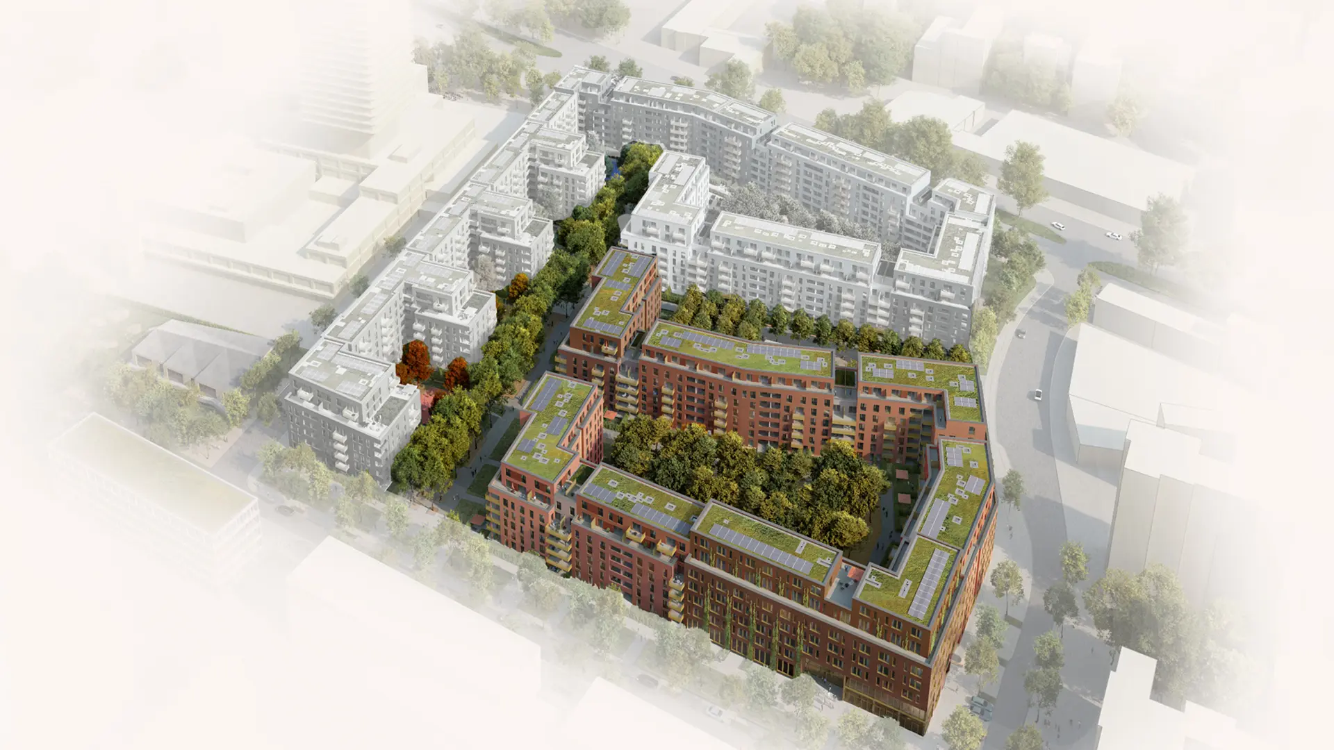 Luftbild-Visualisierung des Quartiers „Die Welle Köln“ mit neu entstandenen Gebäuden in warmen Rottönen, begrünten Dächern und Innenhöfen für Familien.