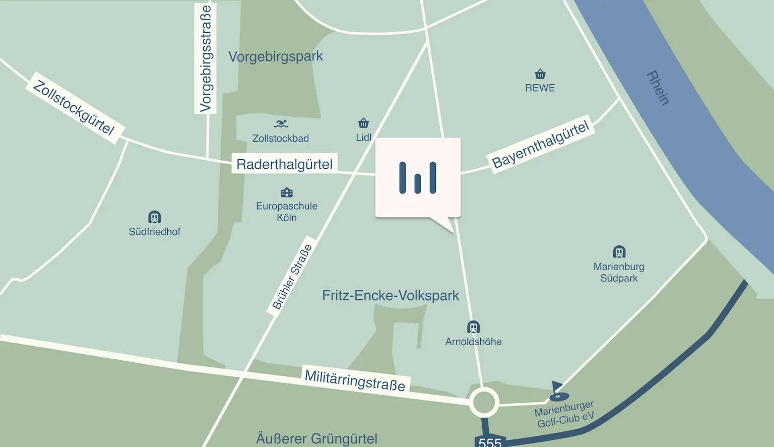Detailkarte der Umgebung von „Die Welle Köln“ mit umliegenden Parks, Straßen und Naherholungsflächen im Stadtteil Marienburg.